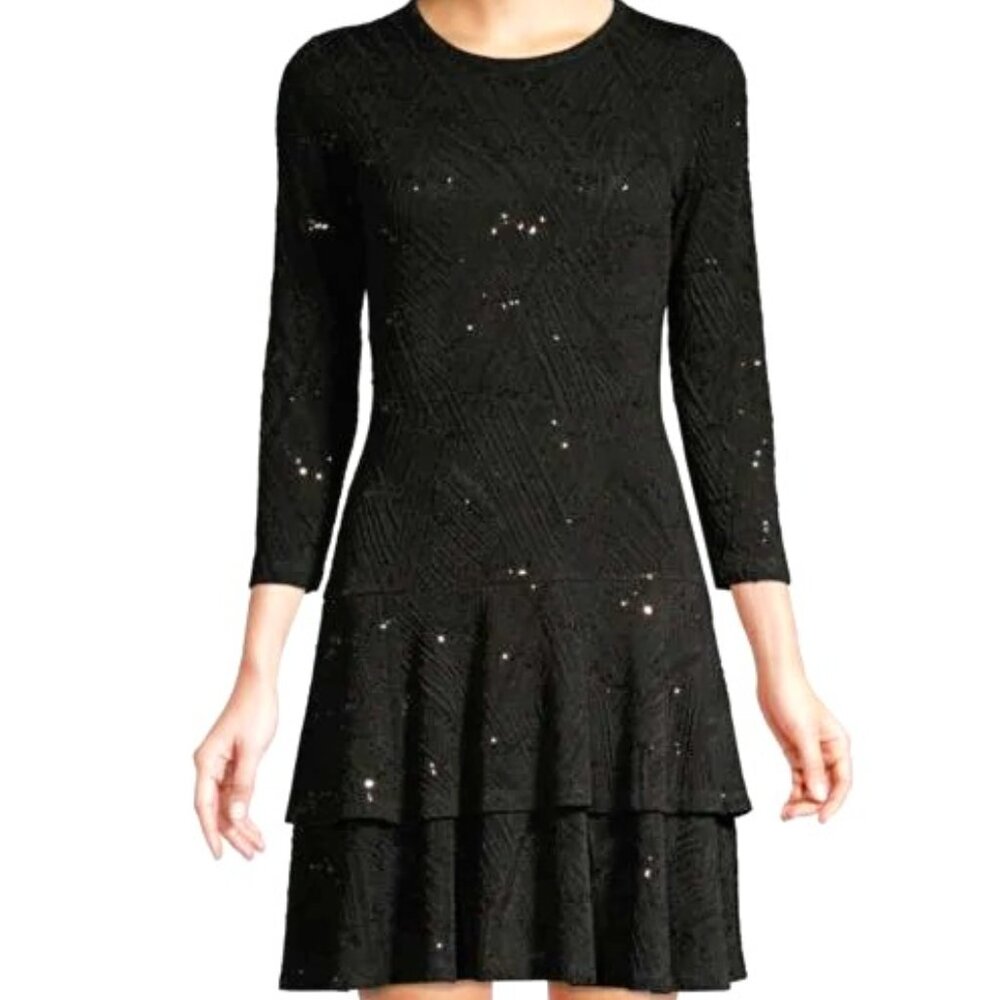 Michael Kors sz. XL Sequin Jacquard 3/4 Sleeve Tiered Flounce Dress